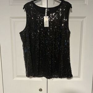 NY Collection Women's 1X Black Sequin Scoopneck Tank Top Party/Cocktail